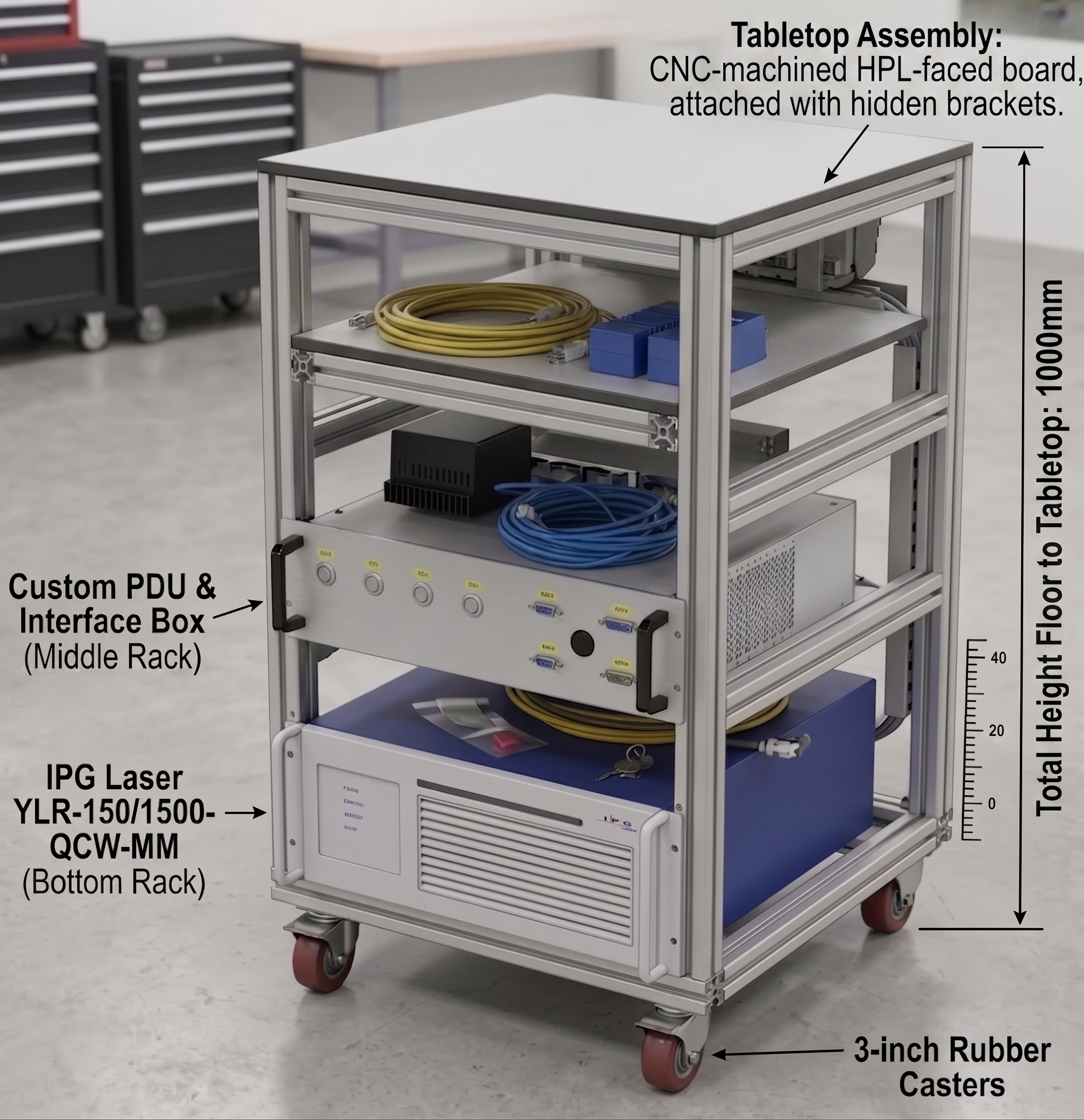 Detailed render of the custom movable laser workstation with annotations
